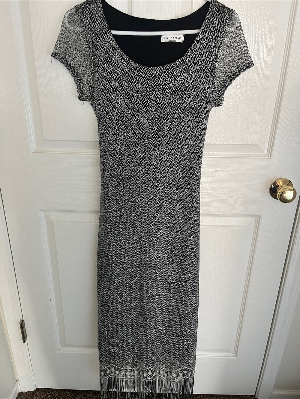 Harlow Black & White Knit Fringe-Hem Maxi Dress